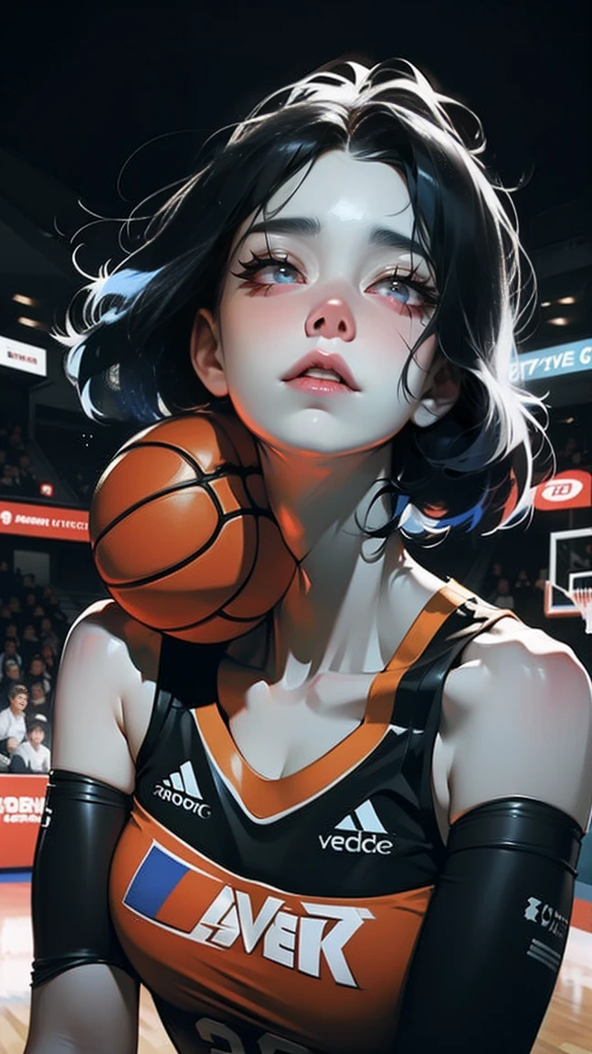 score_9, score_8_up, score_7_up WNBA, (Caitlin Clark), Tall White Pale Skinny Girl, Thin, Black-Hair, hair pulled back, blue eyes, Emaciated face, wnba "Fever" jersey, well lite basketball court, detailed background, hyper realistic, game face, big eyes, ultra tall thin Caitlin Clark,