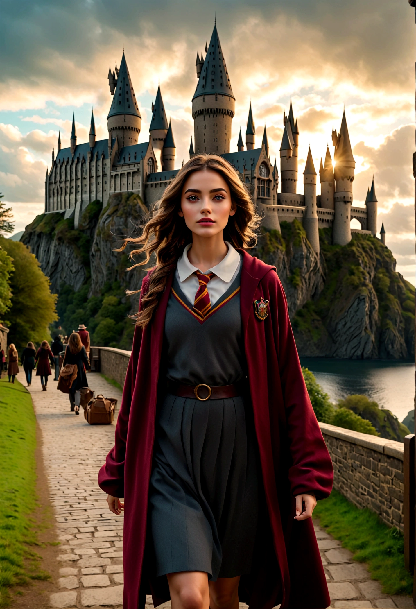 1 niña caminando hacia el Colegio Hogwarts de Magia y Hechicería, hermosos ojos detallados, hermosos labios detallados, cara extremadamente detallada, Pestañas largas, , Pared en mano, haciendo conjuros, paisaje de fantasía, cielo nublado, Castillo de Hogwarts a lo lejos, (mejor calidad,4k,8K,alta resolución,obra maestra:1.2),ultra detallado,(Realista,photoRealista,photo-Realista:1.37),Arte De Fantasía,iluminación cinematográfica,Colores vibrantes