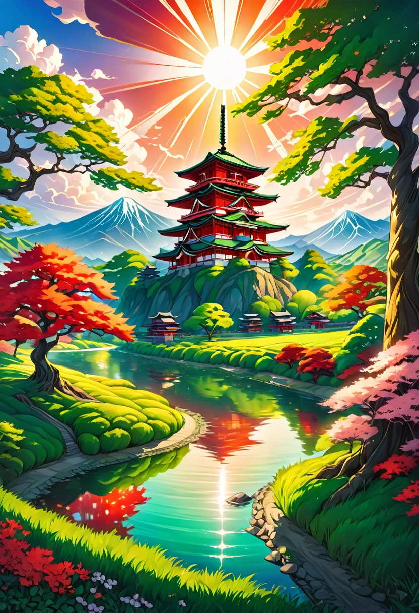 a National Geographic picture of dark Japanese medieval temple, as the sun (rises in the horizon: 1.1), it sits on the bank of a river near surrounded by cherry trees, almond trees, Japanese maple trees, (all trees in many colorful shades of green, red, pin, orange: 1.5) ((all scenery is reflected in the river: 1.5)), an epic ancient Japanese medieval temple, ancient and epic in its majestic antiquity, a sense of serenity, tranquility, divine rays, some clouds, sun rays, (highest quality:1.2, Very detailed, up to date, Vibrant, Ultra-high resolution, High Contrast, masterpiece:1.2, highest quality, Best aesthetics), best details, best quality, highres, ultra wide angle, 16k, [ultra detailed], masterpiece, best quality, (extremely detailed: 1.5), Cinematic Hollywood Film, RagingNebula