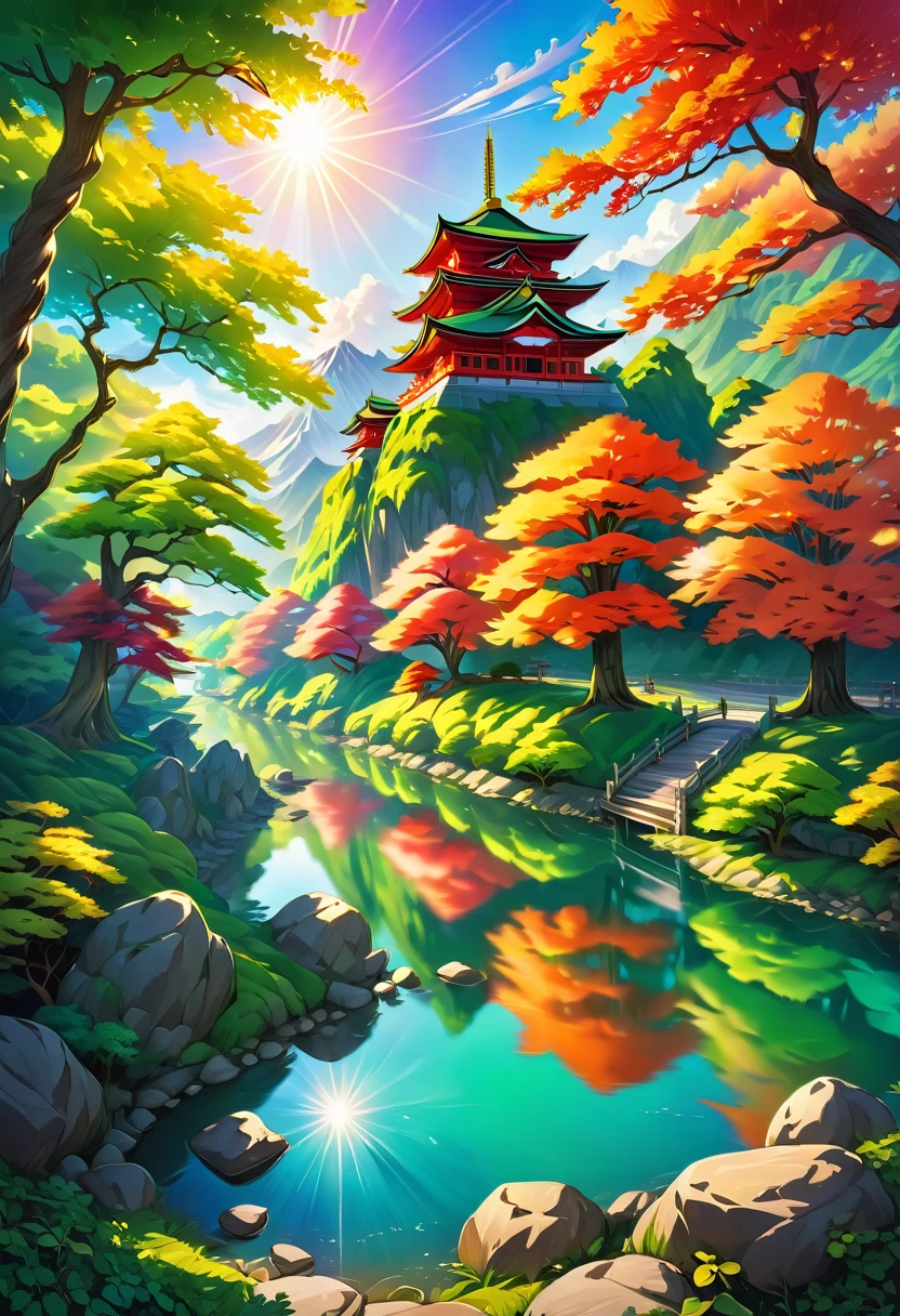 a National Geographic picture of dark Japanese medieval temple, as the sun rises in the horizon, it sits on the bank of a river near surrounded by cherry trees, almond trees, Japanese maple trees, (all trees in many colorful shades of green, red, pin, orange: 1.5) ((all scenery is reflected in the river: 1.5)), an epic ancient Japanese medieval temple, ancient and epic in its majestic antiquity, a sense of serenity, tranquility, divine rays, some clouds, sun rays, (highest quality:1.2, Very detailed, up to date, Vibrant, Ultra-high resolution, High Contrast, masterpiece:1.2, highest quality, Best aesthetics), best details, best quality, highres, ultra wide angle, 16k, [ultra detailed], masterpiece, best quality, (extremely detailed: 1.5),