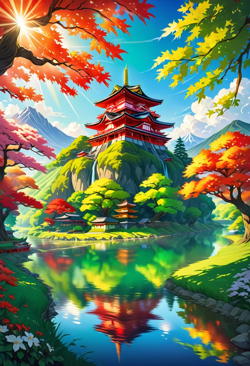 a National Geographic picture of dark Japanese medieval temple, as the sun (rises in the horizon: 1.1), it sits on the bank of a river near surrounded by cherry trees, almond trees, Japanese maple trees, (all trees in many colorful shades of green, red, pin, orange: 1.5) ((all scenery is reflected in the river: 1.5)), an epic ancient Japanese medieval temple, ancient and epic in its majestic antiquity, a sense of serenity, tranquility, divine rays, some clouds, sun rays, (highest quality:1.2, Very detailed, up to date, Vibrant, Ultra-high resolution, High Contrast, masterpiece:1.2, highest quality, Best aesthetics), best details, best quality, highres, ultra wide angle, 16k, [ultra detailed], masterpiece, best quality, (extremely detailed: 1.5), Cinematic Hollywood Film, RagingNebula