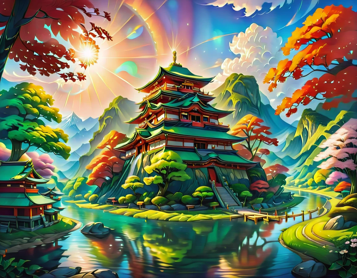 a National Geographic picture of dark Japanese medieval temple, as the sun (rises in the horizon: 1.1), it sits on the bank of a river near surrounded by cherry trees, almond trees, Japanese maple trees, (all trees in many colorful shades of green, red, pin, orange: 1.5) ((all scenery is reflected in the river: 1.5)), an epic ancient Japanese medieval temple, ancient and epic in its majestic antiquity, a sense of serenity, tranquility, divine rays, some clouds, sun rays, (highest quality:1.2, Very detailed, up to date, Vibrant, Ultra-high resolution, High Contrast, masterpiece:1.2, highest quality, Best aesthetics), best details, best quality, highres, ultra wide angle, 16k, [ultra detailed], masterpiece, best quality, (extremely detailed: 1.5), Cinematic Hollywood Film, RagingNebula