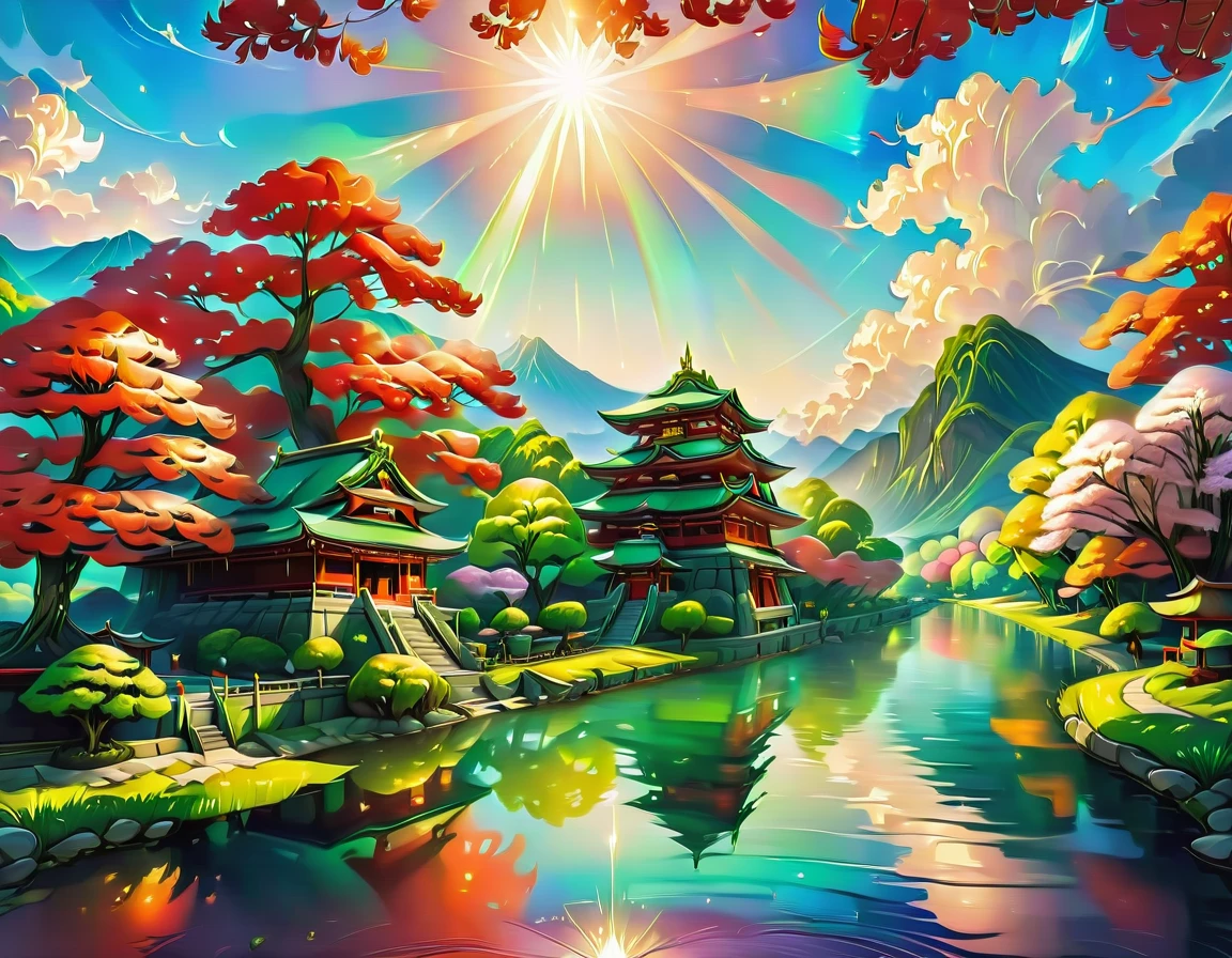 a National Geographic picture of dark Japanese medieval temple, as the sun (rises in the horizon: 1.1), it sits on the bank of a river near surrounded by cherry trees, almond trees, Japanese maple trees, (all trees in many colorful shades of green, red, pin, orange: 1.5) ((all scenery is reflected in the river: 1.5)), an epic ancient Japanese medieval temple, ancient and epic in its majestic antiquity, a sense of serenity, tranquility, divine rays, some clouds, sun rays, (highest quality:1.2, Very detailed, up to date, Vibrant, Ultra-high resolution, High Contrast, masterpiece:1.2, highest quality, Best aesthetics), best details, best quality, highres, ultra wide angle, 16k, [ultra detailed], masterpiece, best quality, (extremely detailed: 1.5), Cinematic Hollywood Film, RagingNebula