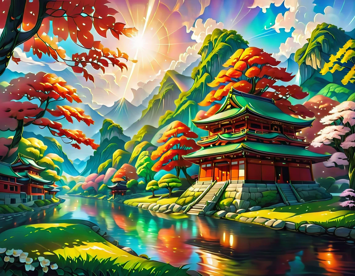 a National Geographic picture of dark Japanese medieval temple, as the sun (rises in the horizon: 1.1), it sits on the bank of a river near surrounded by cherry trees, almond trees, Japanese maple trees, (all trees in many colorful shades of green, red, pin, orange: 1.5) ((all scenery is reflected in the river: 1.5)), an epic ancient Japanese medieval temple, ancient and epic in its majestic antiquity, a sense of serenity, tranquility, divine rays, some clouds, sun rays, (highest quality:1.2, Very detailed, up to date, Vibrant, Ultra-high resolution, High Contrast, masterpiece:1.2, highest quality, Best aesthetics), best details, best quality, highres, ultra wide angle, 16k, [ultra detailed], masterpiece, best quality, (extremely detailed: 1.5), Cinematic Hollywood Film, RagingNebula