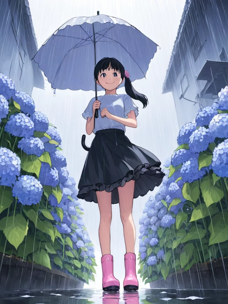 Una chica,alone,umbrella,rubber botas,flor,paraguas cerrado,botas,pelo negro,falda,lluvia,Iris,colas gemelas,pelo largo,desde abajo,sonrisa,hortensia,escenario,Ver a tus espectadores,calzado rosa,exterior,agua,pon tus brazos detrás de tu espalda,camisa,manga corta,Están de pie,Golpes,black falda,plant,mira abajo,aguaたまり,tenencia,caracoles,frilled falda,volantes,todo el cuerpo,