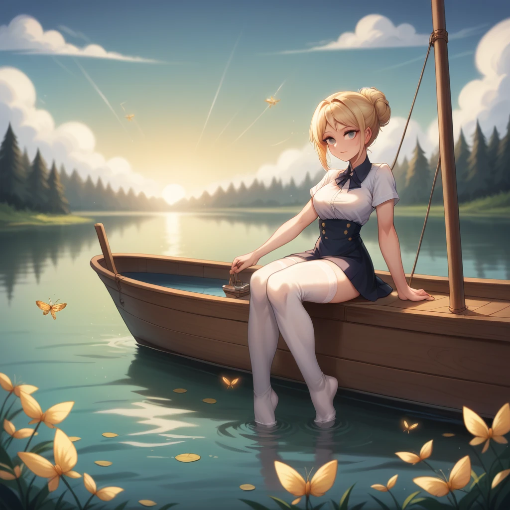 (High quality, 8k, original character), (Fact: 1.5), (Masterpiece, Best Quality, High Resolution: 1.2), Girl, Summer Night, (Stockings Smooth Texture: 1.5), Sexy Skirt, Delicate Eyes, Delicate Image, Boat, River, Face to Camera, A Large Lotus Blooms Behind It, Moonlight, Breeze, Fireflies