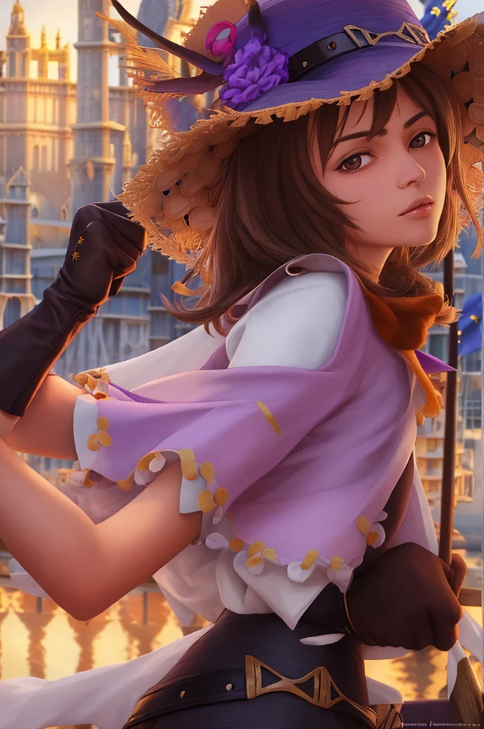 
a boy, perfect face, arms at her sides, masterpiece, ultra high resolution, high quality, 4k, upper body: 1.5, smooth \(genshin impact\), urple straw hat, brown eyes, black hair 
(PureErosFace_V1:0.008) , (European: 1.6), fringe, shirt, orange, Luffy from one piece, black gloves, parted lips, purple capelet, hat flower, multicolored shirt, hair ornament, one piece anime symbol, sideways ,