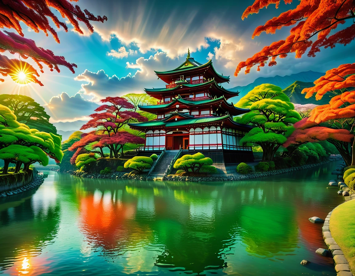 a National Geographic picture of dark Japanese medieval temple, as the sun (rises in the horizon: 1.1), it sits on the bank of a river near surrounded by cherry trees, almond trees, Japanese maple trees, (all trees in many colorful shades of green, red, pin, orange: 1.5) ((all scenery is reflected in the river: 1.5)), an epic ancient Japanese medieval temple, ancient and epic in its majestic antiquity, a sense of serenity, tranquility, divine rays, some clouds, sun rays, (highest quality:1.2, Very detailed, up to date, Vibrant, Ultra-high resolution, High Contrast, masterpiece:1.2, highest quality, Best aesthetics), best details, best quality, highres, ultra wide angle, 16k, [ultra detailed], masterpiece, best quality, (extremely detailed: 1.5), Cinematic Hollywood Film, RagingNebula