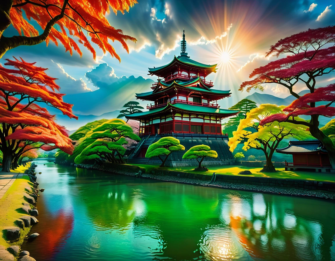 a National Geographic picture of dark Japanese medieval temple, as the sun (rises in the horizon: 1.1), it sits on the bank of a river near surrounded by cherry trees, almond trees, Japanese maple trees, (all trees in many colorful shades of green, red, pin, orange: 1.5) ((all scenery is reflected in the river: 1.5)), an epic ancient Japanese medieval temple, ancient and epic in its majestic antiquity, a sense of serenity, tranquility, divine rays, some clouds, sun rays, (highest quality:1.2, Very detailed, up to date, Vibrant, Ultra-high resolution, High Contrast, masterpiece:1.2, highest quality, Best aesthetics), best details, best quality, highres, ultra wide angle, 16k, [ultra detailed], masterpiece, best quality, (extremely detailed: 1.5), Cinematic Hollywood Film, RagingNebula