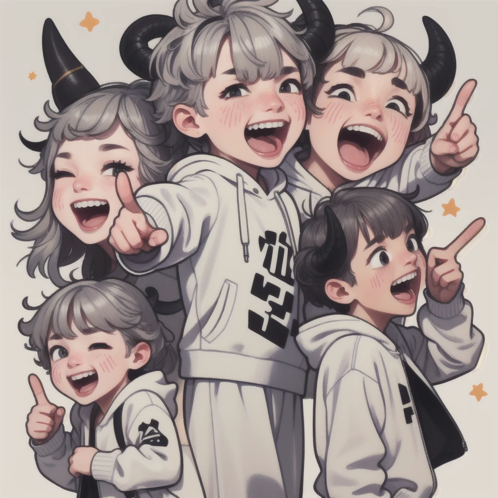 소년, 하얀색, 회색 머리, wearing a 하얀색 hoodie and black demon horns, 많이 웃다, 가리키는.