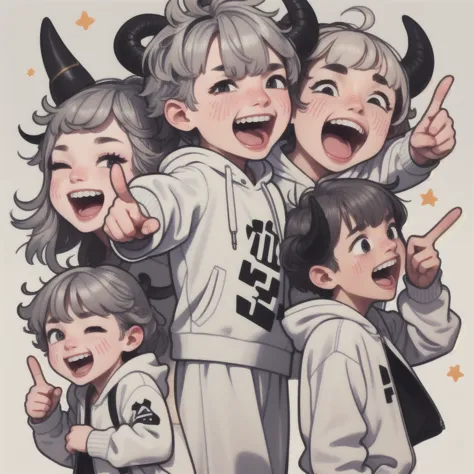 Boy, white, with gray hair, wearing a white hoodie and black demon horns, laughing a lot, pointing.