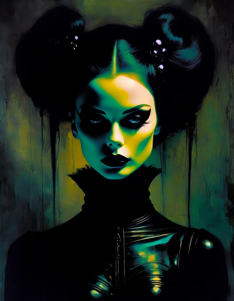 Darksynth aesthetic, minimalist background, gothic makeup, strange fashion photography, masterpiece. evening, (art inspired by Bill Sienkiewicz). oil painting)
