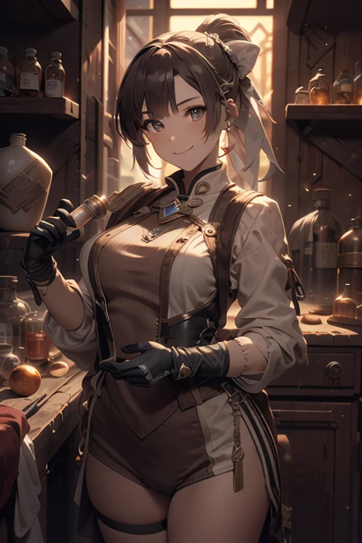 (fantasy:1.5),(anime,8k,masterpiece, top quality, best quality,beautiful and aesthetic:1.2,professional illustrasion:1.1,ultra detail:1.3,perfect lighting),extremely detailed,highest detailed,incredibly absurdres , highres, ultra detailed,intricate:1.6,(Alchemy Workshop:1.4),A girl mixing,Medicine in many small bottles,holding small potion,colorful:1.4,zentangle,(1girl),(girl),(Three kingdoms female warload),(highly detailed beautiful face and eyes,firm breasts),oily skin,(black,hair,short bob with short pony tail hair)),thin pubic hair,cute,lovely,34 years old,alchemist costume,Merchant's Clothing,smile,in the kitchen,smile,seductive smiling,(with sparkling eyes and a contagious smile), Looking at Viewer,
