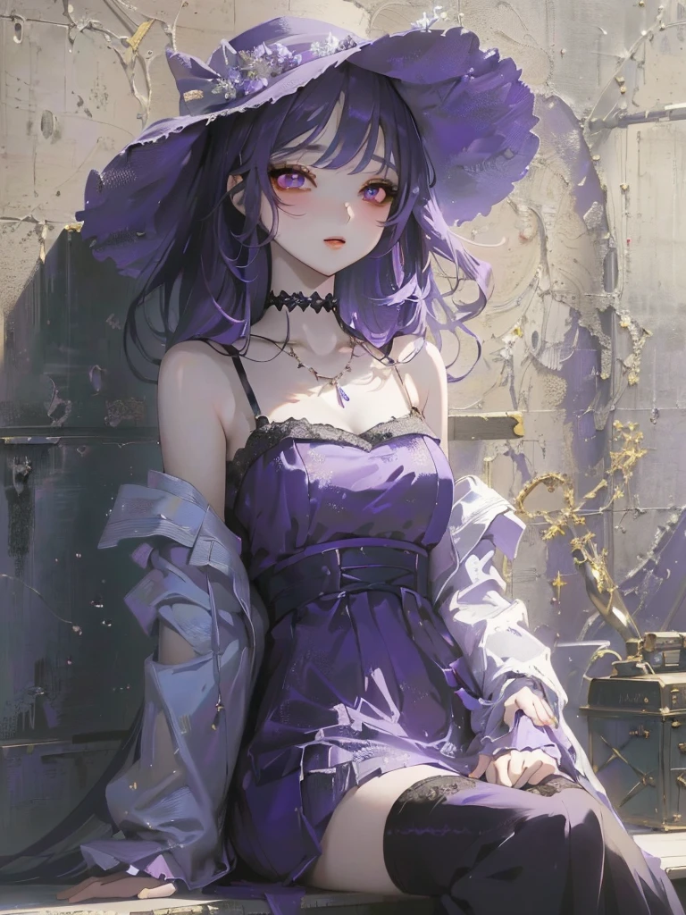 Anime-Mädchen in lila Kleid und Hut sitzt auf einem Regal, Gwaiz, Kunstwerk im Stil von Gwaiz, Gwaiz auf der Pixiv-Artstation, Gwaiz auf Artstation Pixiv, Anime-Stil 4 k, Wunderschöne Anime-Porträts, Anime-Stil. 8K, Gwaiz-Meisterwerk, Anime-Mädchenporträt, schöne Anime-Mädchen