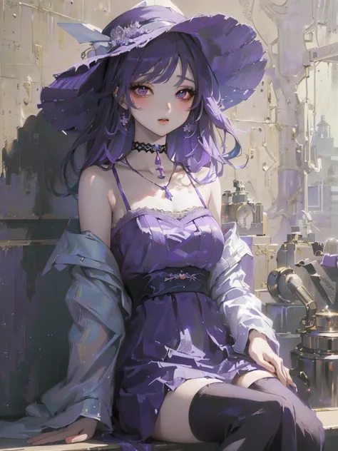 Anime girl in purple dress and hat sitting on a shelf, Gwaiz, artwork in the style of Gwaiz, Gwaiz on pixiv artstation, Gwaiz on...