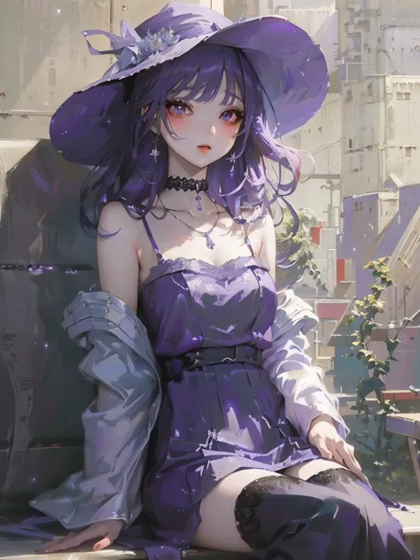 Anime girl in purple dress and hat sitting on a shelf, Gwaiz, artwork in the style of Gwaiz, Gwaiz on pixiv artstation, Gwaiz on...