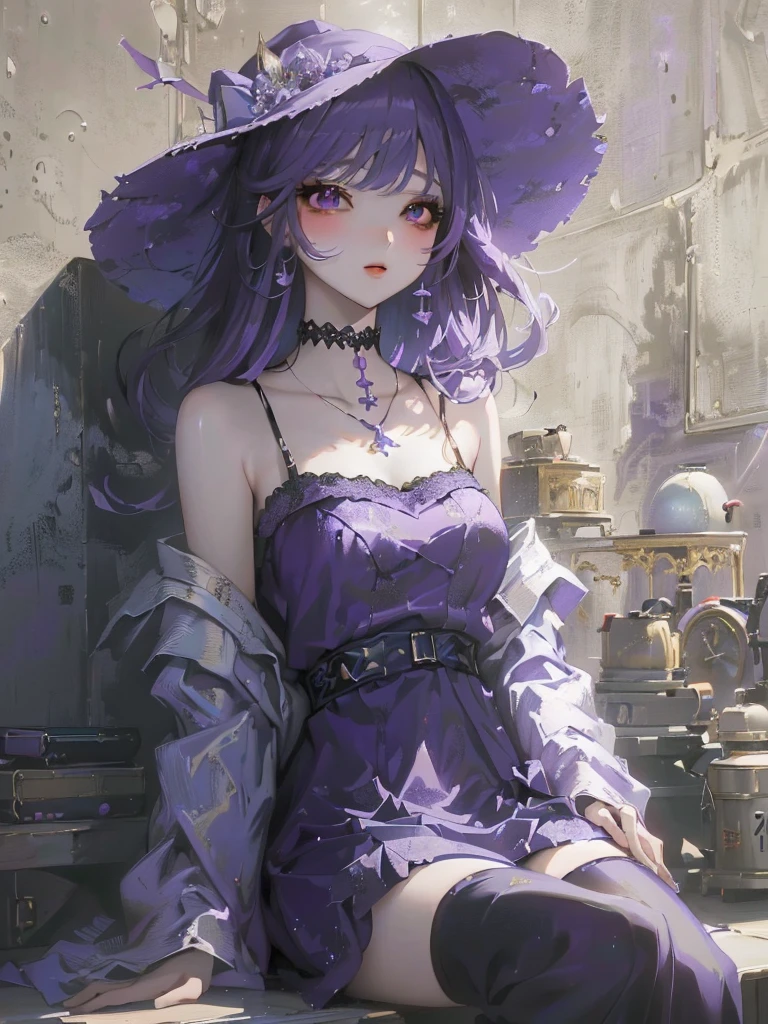 Garota anime com vestido roxo e chapéu sentado em uma prateleira, Gwaiz, obras de arte no estilo de Gwaiz, Gwaiz na estação de arte pixiv, Gwaiz no artstation pixiv, estilo anime 4 k, Lindos retratos de anime, estilo anime. 8K, Obra-prima de Gwaiz, retrato de menina anime, Lindas garotas de anime