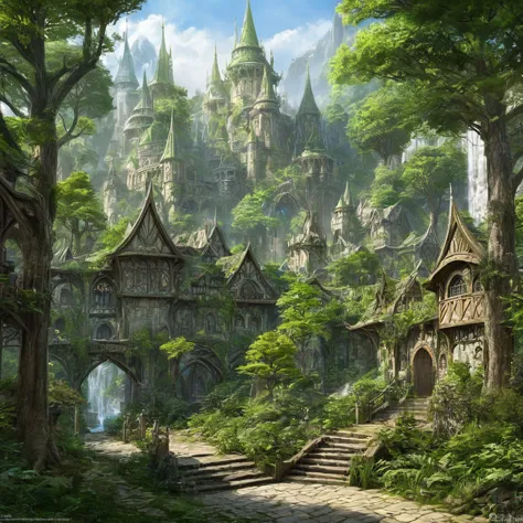((best quality)), ((masterpiece)), ((realistic,digital art)), (super detailed), (big elven city in a big forest), (style medieva...