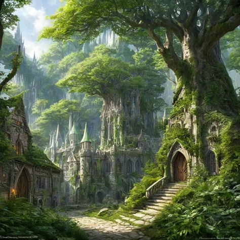 ((best quality)), ((masterpiece)), ((realistic,digital art)), (super detailed), (big elven city in a big forest), (style medieva...