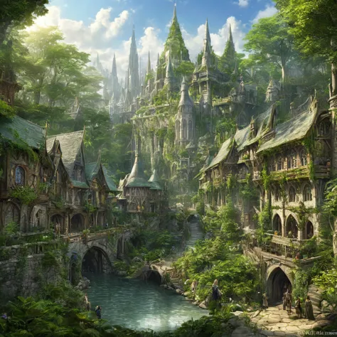 ((best quality)), ((masterpiece)), ((realistic,digital art)), (super detailed), (big elven city in a big forest), (style medieva...