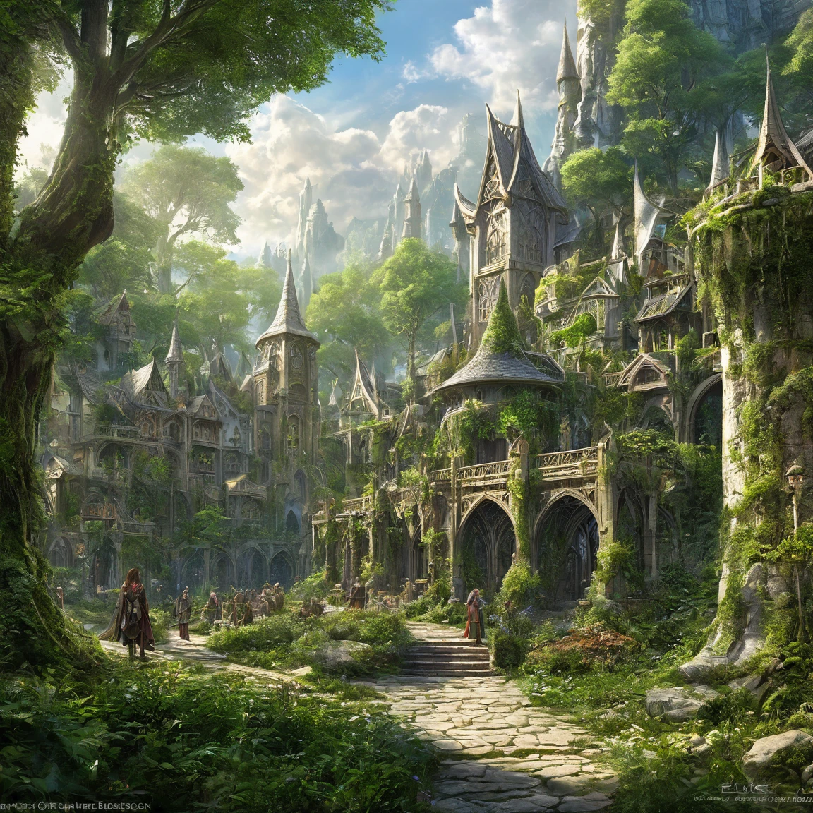 ((best quality)), ((masterpiece)), ((realistic,digital art)), (super detailed), (big elven city in a big forest), (style medieval fantasy)