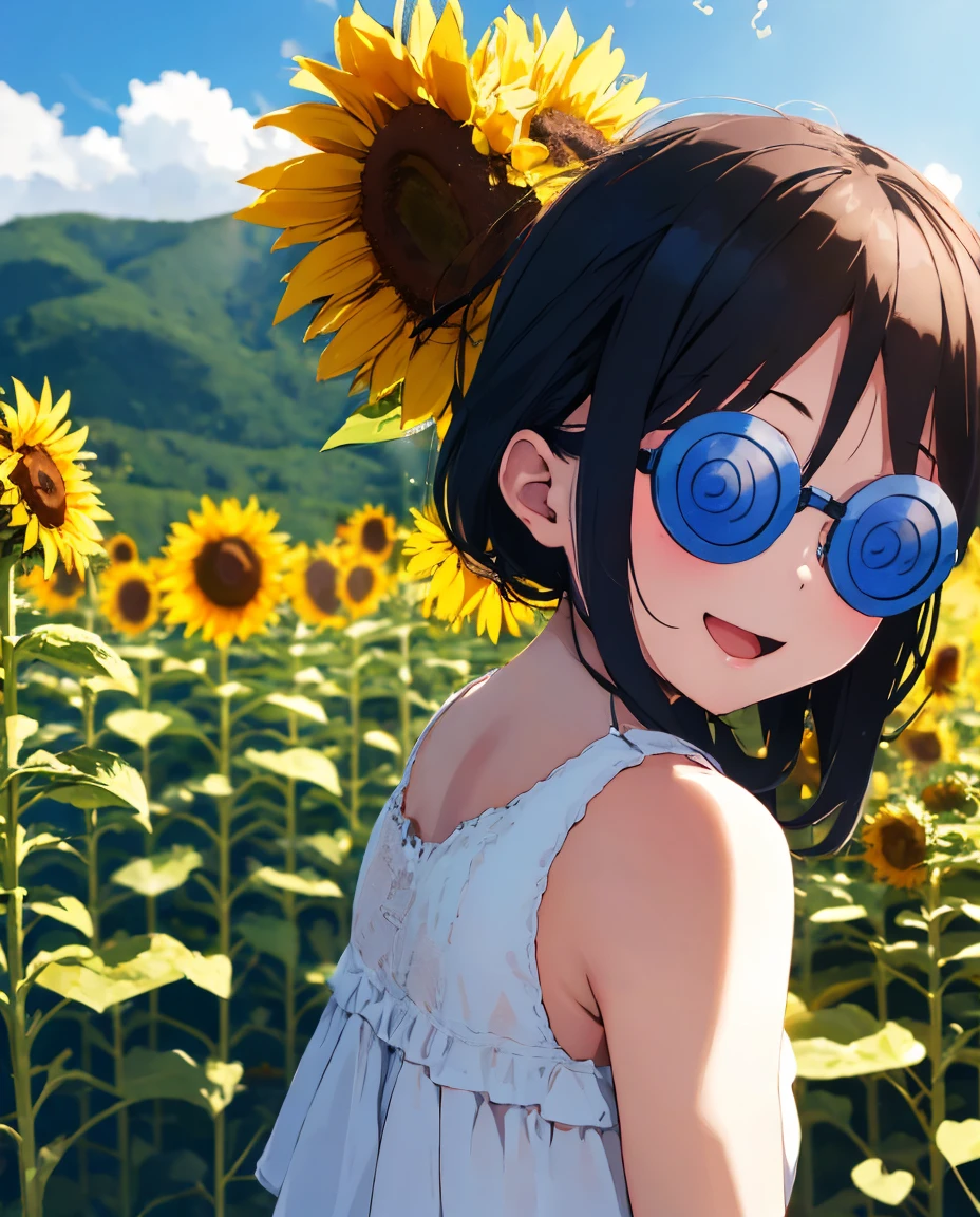 One girl, alone, ((Coke bottle_Glasses:1.2)), Sunflower field, summer, sunlight, One girl, :D, Portraiture, upper_body, White sundress, View your viewers, Put your arms behind your back, Wind