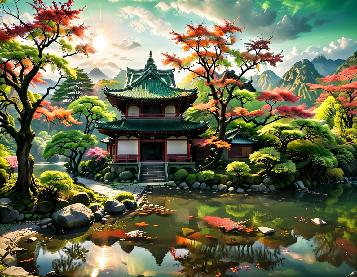 a National Geographic picture of dark Japanese medieval temple, as the sun rises in the horizon, it sits on the bank of a river near surrounded by cherry trees, almond trees, Japanese maple trees, (all trees in many colorful shades of green, red, pin, orange: 1.5) ((all scenery is reflected in the river: 1.5)), an epic ancient Japanese medieval temple, ancient and epic in its majestic antiquity, a sense of serenity, tranquility, divine rays, some clouds, sun rays, (highest quality:1.2, Very detailed, up to date, Vibrant, Ultra-high resolution, High Contrast, masterpiece:1.2, highest quality, Best aesthetics), best details, best quality, highres, ultra wide angle, 16k, [ultra detailed], masterpiece, best quality, (extremely detailed: 1.5), Dark Art Painting Style, 3D rendering