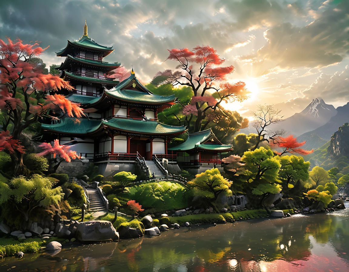 a National Geographic picture of dark Japanese medieval temple, as the sun (rises in the horizon: 1.1), it sits on the bank of a river near surrounded by cherry trees, almond trees, Japanese maple trees, (all trees in many colorful shades of green, red, pin, orange: 1.5) ((all scenery is reflected in the river: 1.5)), an epic ancient Japanese medieval temple, ancient and epic in its majestic antiquity, a sense of serenity, tranquility, divine rays, some clouds, sun rays, (highest quality:1.2, Very detailed, up to date, Vibrant, Ultra-high resolution, High Contrast, masterpiece:1.2, highest quality, Best aesthetics), best details, best quality, highres, ultra wide angle, 16k, [ultra detailed], masterpiece, best quality, (extremely detailed: 1.5), Cinematic Hollywood Film, RagingNebula