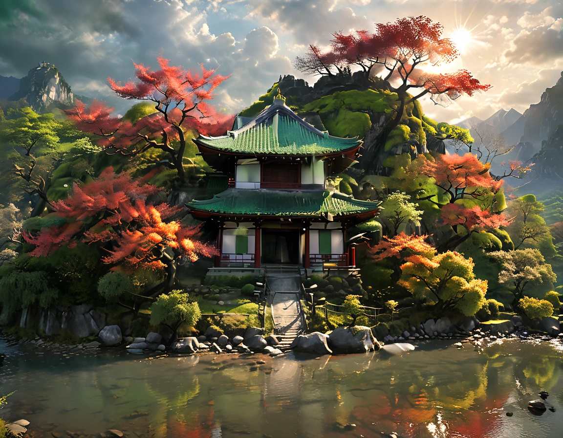 a National Geographic picture of dark Japanese medieval temple, as the sun (rises in the horizon: 1.1), it sits on the bank of a river near surrounded by cherry trees, almond trees, Japanese maple trees, (all trees in many colorful shades of green, red, pin, orange: 1.5) ((all scenery is reflected in the river: 1.5)), an epic ancient Japanese medieval temple, ancient and epic in its majestic antiquity, a sense of serenity, tranquility, divine rays, some clouds, sun rays, (highest quality:1.2, Very detailed, up to date, Vibrant, Ultra-high resolution, High Contrast, masterpiece:1.2, highest quality, Best aesthetics), best details, best quality, highres, ultra wide angle, 16k, [ultra detailed], masterpiece, best quality, (extremely detailed: 1.5), Cinematic Hollywood Film, RagingNebula