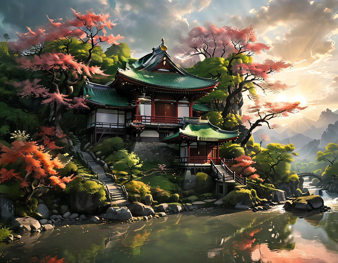 a National Geographic picture of dark Japanese medieval temple, as the sun (rises in the horizon: 1.1), it sits on the bank of a river near surrounded by cherry trees, almond trees, Japanese maple trees, (all trees in many colorful shades of green, red, pin, orange: 1.5) ((all scenery is reflected in the river: 1.5)), an epic ancient Japanese medieval temple, ancient and epic in its majestic antiquity, a sense of serenity, tranquility, divine rays, some clouds, sun rays, (highest quality:1.2, Very detailed, up to date, Vibrant, Ultra-high resolution, High Contrast, masterpiece:1.2, highest quality, Best aesthetics), best details, best quality, highres, ultra wide angle, 16k, [ultra detailed], masterpiece, best quality, (extremely detailed: 1.5), Cinematic Hollywood Film, RagingNebula