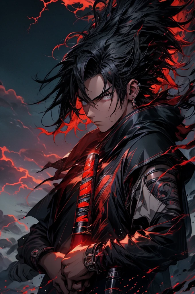 (best quality,highres/1.2),Uchiha Sasuke,masterpiece,anime,sharingan,black hair,long and straight hair,expressive eyes,piercing gaze,serious expression,stoic,cool and calm,red and white Uchiha crest on the back,shoulder-length hair,black cloak with high collar and red clouds,traditional Japanese clothing,katana in hand,standing in a dramatic pose,amidst swirling black flames,background of thunderstorm and dark clouds,post-battle scene,strong lighting casting shadows,crackling lightning,haunting atmosphere,sharp focus,extreme detail description