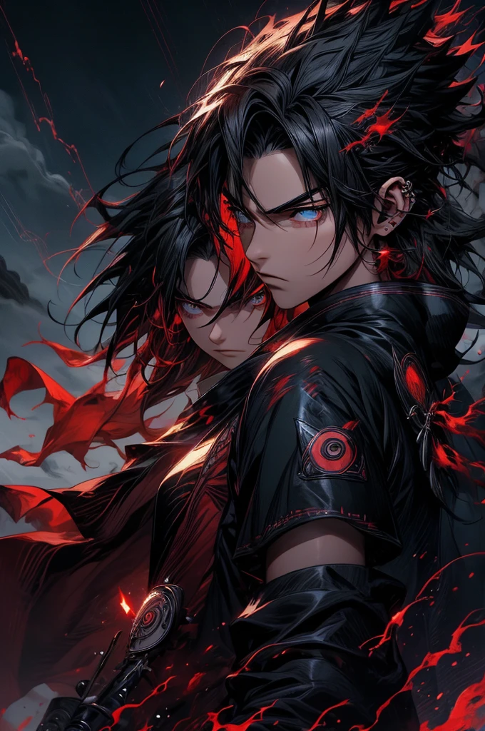 (best quality,highres/1.2),Uchiha Sasuke,masterpiece,anime,sharingan,black hair,long and straight hair,expressive eyes,piercing gaze,serious expression,stoic,cool and calm,red and white Uchiha crest on the back,shoulder-length hair,black cloak with high collar and red clouds,traditional Japanese clothing,katana in hand,standing in a dramatic pose,amidst swirling black flames,background of thunderstorm and dark clouds,post-battle scene,strong lighting casting shadows,crackling lightning,haunting atmosphere,sharp focus,extreme detail description