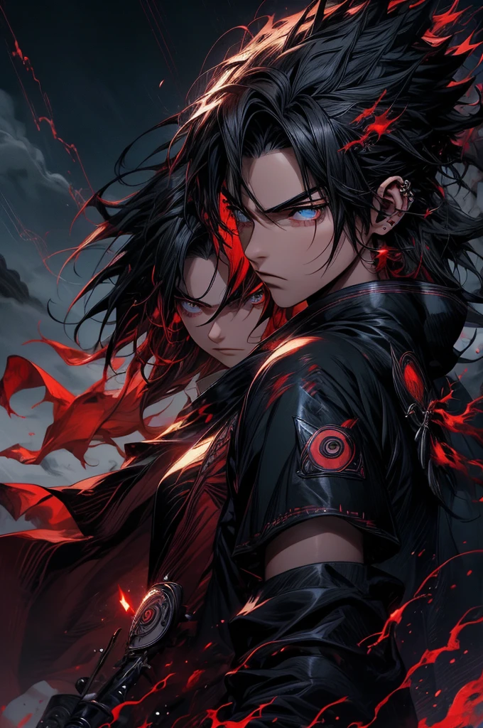 (mejor calidad,alta resolución/1.2),Uchiha Sasuke,Obra maestra,animado,compartir,pelo negro,Cabello largo y liso,ojos expresivos,mirada penetrante,expresión seria,estoico,fresco y tranquilo,Escudo Uchiha rojo y blanco en la espalda.,Cabello hasta los hombros,capa negra con cuello alto y nubes rojas,ropa tradicional japonesa,katana en mano,De pie en una pose dramática,en medio de llamas negras arremolinadas,fondo de tormenta y nubes oscuras,escena posterior a la batalla,iluminación intensa que proyecta sombras,relámpago crepitante,atmósfera inquietante,enfoque nítido,descripción detallada extrema