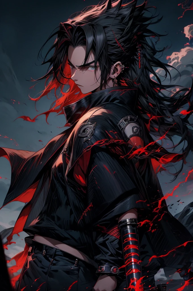 (best quality,highres/1.2),Uchiha Sasuke,masterpiece,anime,sharingan,black hair,long and straight hair,expressive eyes,piercing gaze,serious expression,stoic,cool and calm,red and white Uchiha crest on the back,shoulder-length hair,black cloak with high collar and red clouds,traditional Japanese clothing,katana in hand,standing in a dramatic pose,amidst swirling black flames,background of thunderstorm and dark clouds,post-battle scene,strong lighting casting shadows,crackling lightning,haunting atmosphere,sharp focus,extreme detail description