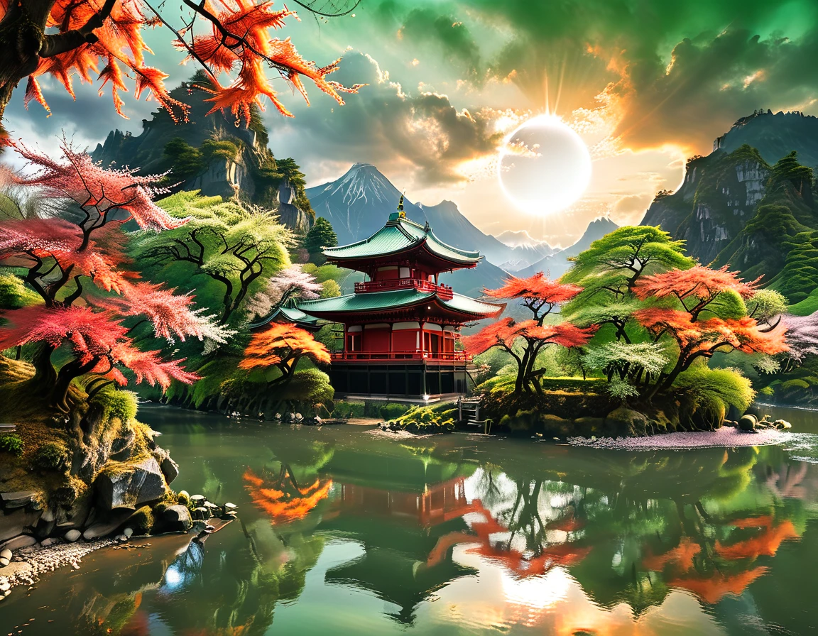 a National Geographic picture of dark Japanese medieval temple, as the sun (rises in the horizon: 1.1), it sits on the bank of a river near surrounded by cherry trees, almond trees, Japanese maple trees, (all trees in many colorful shades of green, red, pin, orange: 1.5) ((all scenery is reflected in the river: 1.5)), an epic ancient Japanese medieval temple, ancient and epic in its majestic antiquity, a sense of serenity, tranquility, divine rays, some clouds, sun rays, (highest quality:1.2, Very detailed, up to date, Vibrant, Ultra-high resolution, High Contrast, masterpiece:1.2, highest quality, Best aesthetics), best details, best quality, highres, ultra wide angle, 16k, [ultra detailed], masterpiece, best quality, (extremely detailed: 1.5), Cinematic Hollywood Film, RagingNebula