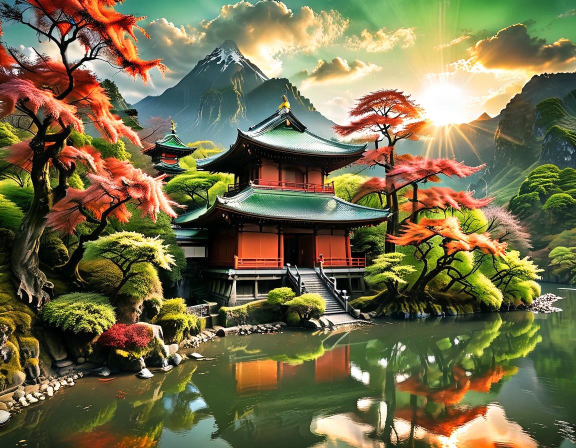 a National Geographic picture of dark Japanese medieval temple, as the sun (rises in the horizon: 1.1), it sits on the bank of a river near surrounded by cherry trees, almond trees, Japanese maple trees, (all trees in many colorful shades of green, red, pin, orange: 1.5) ((all scenery is reflected in the river: 1.5)), an epic ancient Japanese medieval temple, ancient and epic in its majestic antiquity, a sense of serenity, tranquility, divine rays, some clouds, sun rays, (highest quality:1.2, Very detailed, up to date, Vibrant, Ultra-high resolution, High Contrast, masterpiece:1.2, highest quality, Best aesthetics), best details, best quality, highres, ultra wide angle, 16k, [ultra detailed], masterpiece, best quality, (extremely detailed: 1.5), Cinematic Hollywood Film, RagingNebula