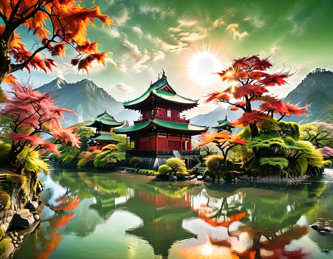 a National Geographic picture of dark Japanese medieval temple, as the sun (rises in the horizon: 1.1), it sits on the bank of a river near surrounded by cherry trees, almond trees, Japanese maple trees, (all trees in many colorful shades of green, red, pin, orange: 1.5) ((all scenery is reflected in the river: 1.5)), an epic ancient Japanese medieval temple, ancient and epic in its majestic antiquity, a sense of serenity, tranquility, divine rays, some clouds, sun rays, (highest quality:1.2, Very detailed, up to date, Vibrant, Ultra-high resolution, High Contrast, masterpiece:1.2, highest quality, Best aesthetics), best details, best quality, highres, ultra wide angle, 16k, [ultra detailed], masterpiece, best quality, (extremely detailed: 1.5), Cinematic Hollywood Film, RagingNebula