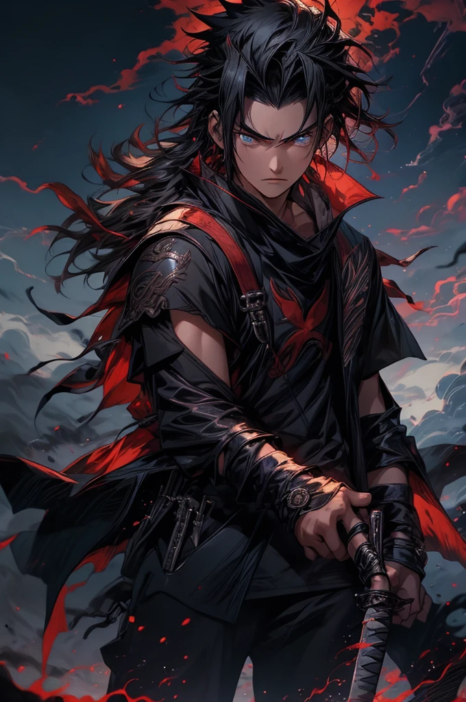 (best quality,highres/1.2),Uchiha Sasuke,masterpiece,anime,sharingan,black hair,long and straight hair,expressive eyes,piercing gaze,serious expression,stoic,cool and calm,red and white Uchiha crest on the back,shoulder-length hair,black cloak with high collar and red clouds,traditional Japanese clothing,katana in hand,standing in a dramatic pose,amidst swirling black flames,background of thunderstorm and dark clouds,post-battle scene,strong lighting casting shadows,crackling lightning,haunting atmosphere,sharp focus,extreme detail description