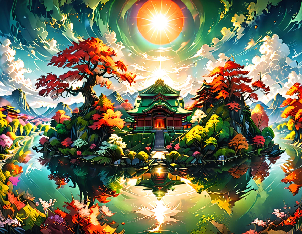 a National Geographic picture of dark Japanese medieval temple, as the sun (rises in the horizon: 1.1), it sits on the bank of a river near surrounded by cherry trees, almond trees, Japanese maple trees, (all trees in many colorful shades of green, red, pin, orange: 1.5) ((all scenery is reflected in the river: 1.5)), an epic ancient Japanese medieval temple, ancient and epic in its majestic antiquity, a sense of serenity, tranquility, divine rays, some clouds, sun rays, (highest quality:1.2, Very detailed, up to date, Vibrant, Ultra-high resolution, High Contrast, masterpiece:1.2, highest quality, Best aesthetics), best details, best quality, highres, ultra wide angle, 16k, [ultra detailed], masterpiece, best quality, (extremely detailed: 1.5), Cinematic Hollywood Film, RagingNebula