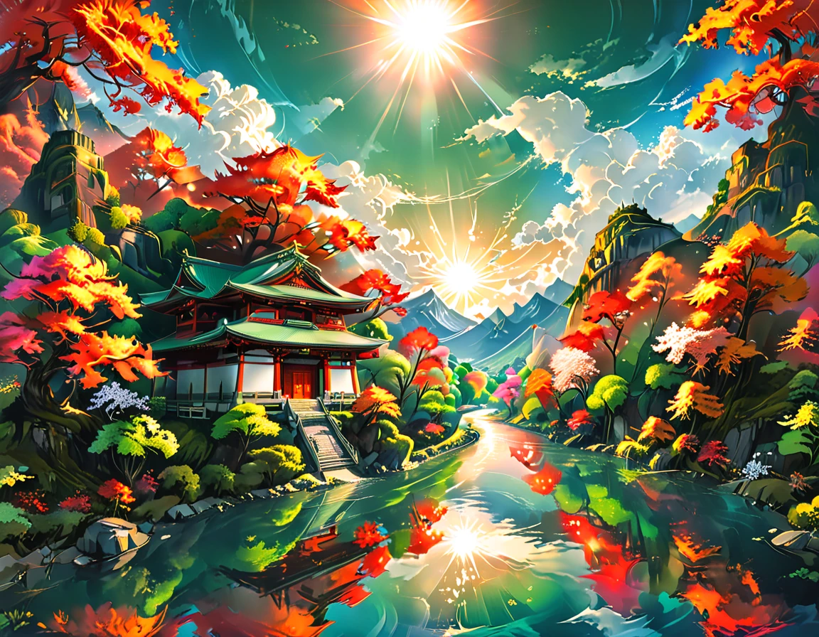 a National Geographic picture of dark Japanese medieval temple, as the sun (rises in the horizon: 1.1), it sits on the bank of a river near surrounded by cherry trees, almond trees, Japanese maple trees, (all trees in many colorful shades of green, red, pin, orange: 1.5) ((all scenery is reflected in the river: 1.5)), an epic ancient Japanese medieval temple, ancient and epic in its majestic antiquity, a sense of serenity, tranquility, divine rays, some clouds, sun rays, (highest quality:1.2, Very detailed, up to date, Vibrant, Ultra-high resolution, High Contrast, masterpiece:1.2, highest quality, Best aesthetics), best details, best quality, highres, ultra wide angle, 16k, [ultra detailed], masterpiece, best quality, (extremely detailed: 1.5), Cinematic Hollywood Film, RagingNebula