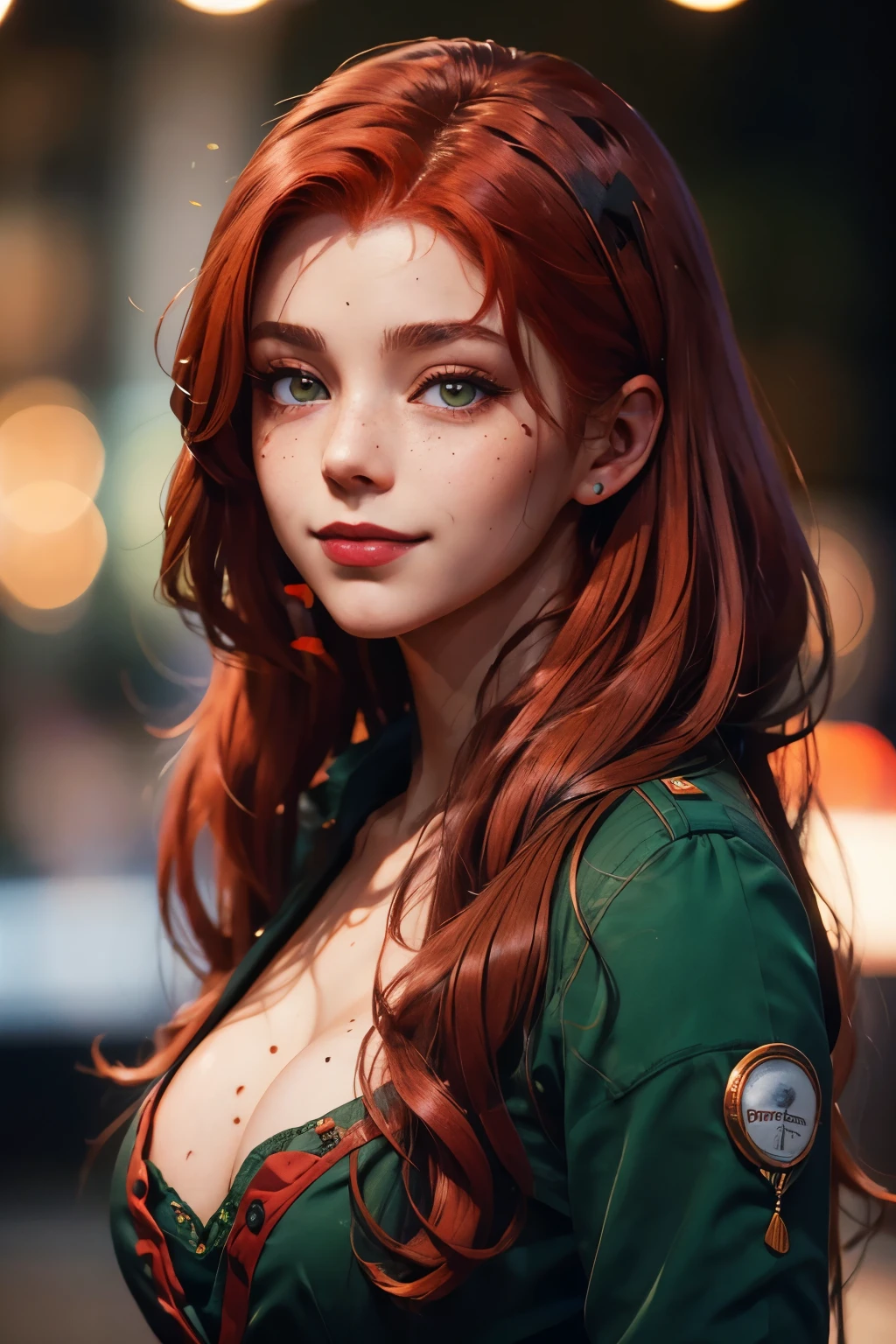 профессиональный photo of a young model with red hair, зеленые глаза и родинка на лице и легкая улыбка в уголке рта, 35-мм фотография, фильм, боке, профессиональный, 4K, очень подробный