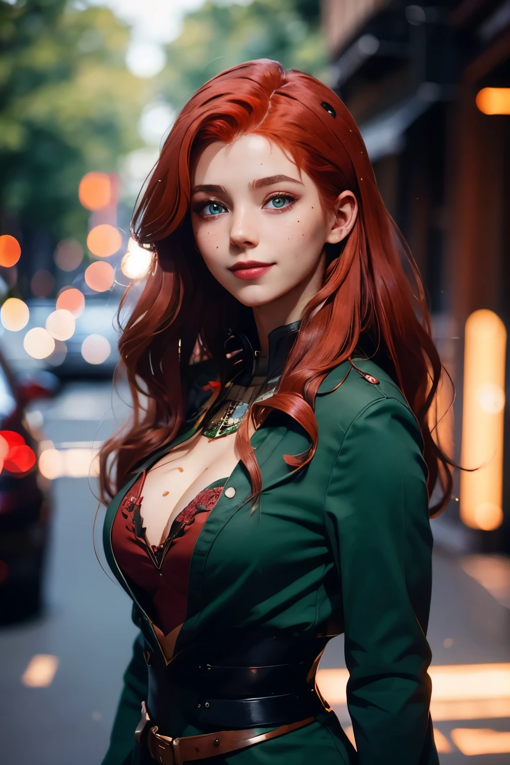 professional photo of a young model with red hair, green eyes and a mole on her face and a slight smile on the corner of her mouth, 35mm photograph, film, bokeh, professional, 4k, highly detailed