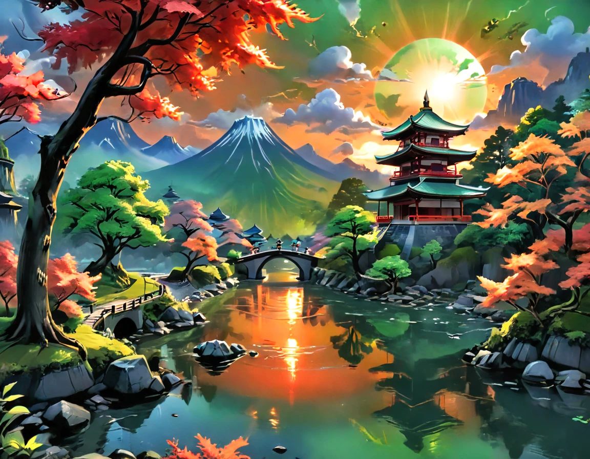 a National Geographic picture of dark Japanese medieval temple, as the sun (rises in the horizon: 1.1), it sits on the bank of a river near surrounded by cherry trees, almond trees, Japanese maple trees, (all trees in many colorful shades of green, red, pin, orange: 1.5) ((all scenery is reflected in the river: 1.5)), an epic ancient Japanese medieval temple, ancient and epic in its majestic antiquity, a sense of serenity, tranquility, divine rays, some clouds, sun rays, (highest quality:1.2, Very detailed, up to date, Vibrant, Ultra-high resolution, High Contrast, masterpiece:1.2, highest quality, Best aesthetics), best details, best quality, highres, ultra wide angle, 16k, [ultra detailed], masterpiece, best quality, (extremely detailed: 1.5), Cinematic Hollywood Film, RagingNebula