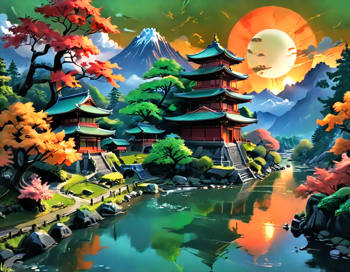 a National Geographic picture of dark Japanese medieval temple, as the sun (rises in the horizon: 1.1), it sits on the bank of a river near surrounded by cherry trees, almond trees, Japanese maple trees, (all trees in many colorful shades of green, red, pin, orange: 1.5) ((all scenery is reflected in the river: 1.5)), an epic ancient Japanese medieval temple, ancient and epic in its majestic antiquity, a sense of serenity, tranquility, divine rays, some clouds, sun rays, (highest quality:1.2, Very detailed, up to date, Vibrant, Ultra-high resolution, High Contrast, masterpiece:1.2, highest quality, Best aesthetics), best details, best quality, highres, ultra wide angle, 16k, [ultra detailed], masterpiece, best quality, (extremely detailed: 1.5), Cinematic Hollywood Film, RagingNebula