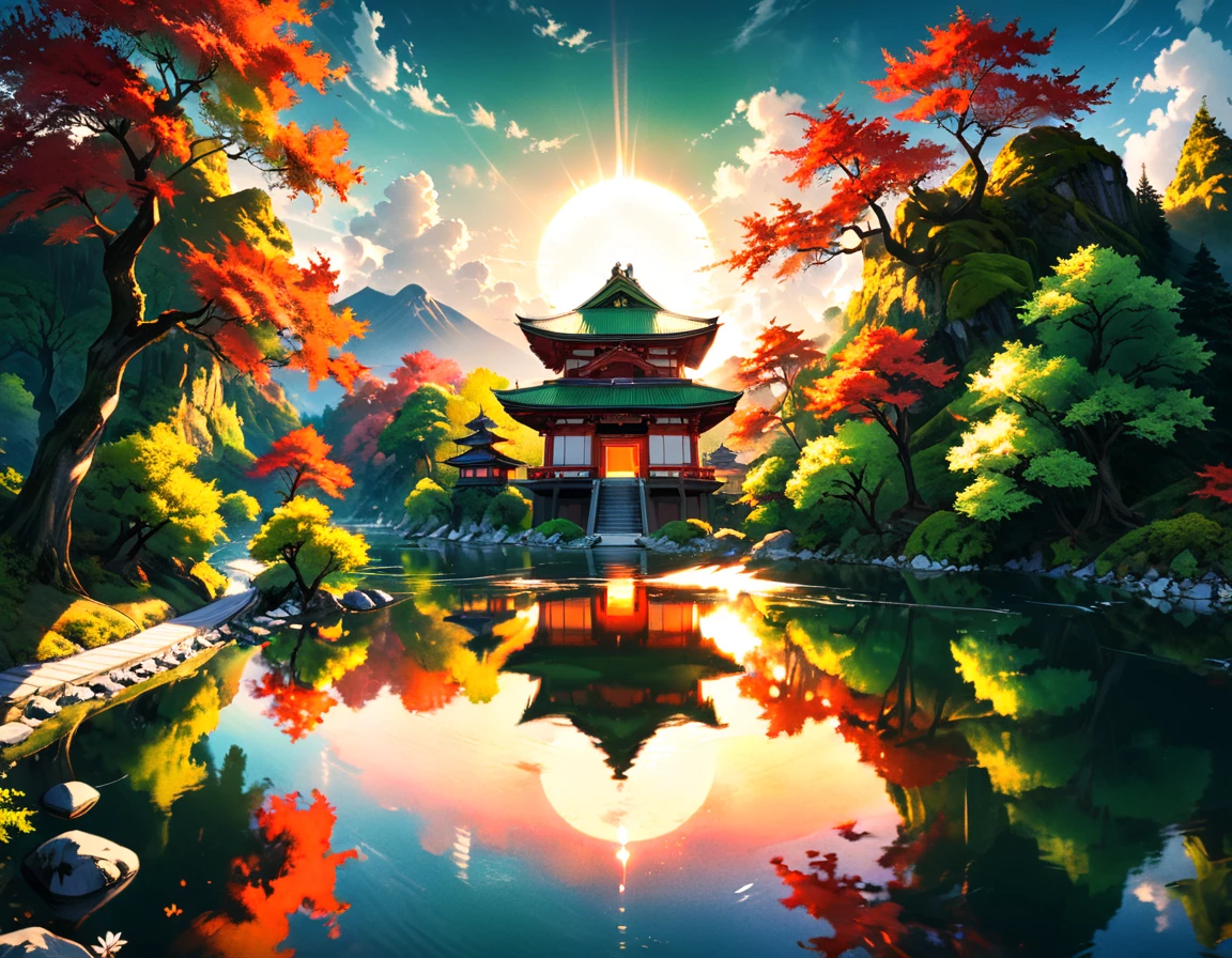 a National Geographic picture of dark Japanese medieval temple, as the sun (rises in the horizon: 1.1), it sits on the bank of a river near surrounded by cherry trees, almond trees, Japanese maple trees, (all trees in many colorful shades of green, red, pin, orange: 1.5) ((all scenery is reflected in the river: 1.5)), an epic ancient Japanese medieval temple, ancient and epic in its majestic antiquity, a sense of serenity, tranquility, divine rays, some clouds, sun rays, (highest quality:1.2, Very detailed, up to date, Vibrant, Ultra-high resolution, High Contrast, masterpiece:1.2, highest quality, Best aesthetics), best details, best quality, highres, ultra wide angle, 16k, [ultra detailed], masterpiece, best quality, (extremely detailed: 1.5), Cinematic Hollywood Film, RagingNebula