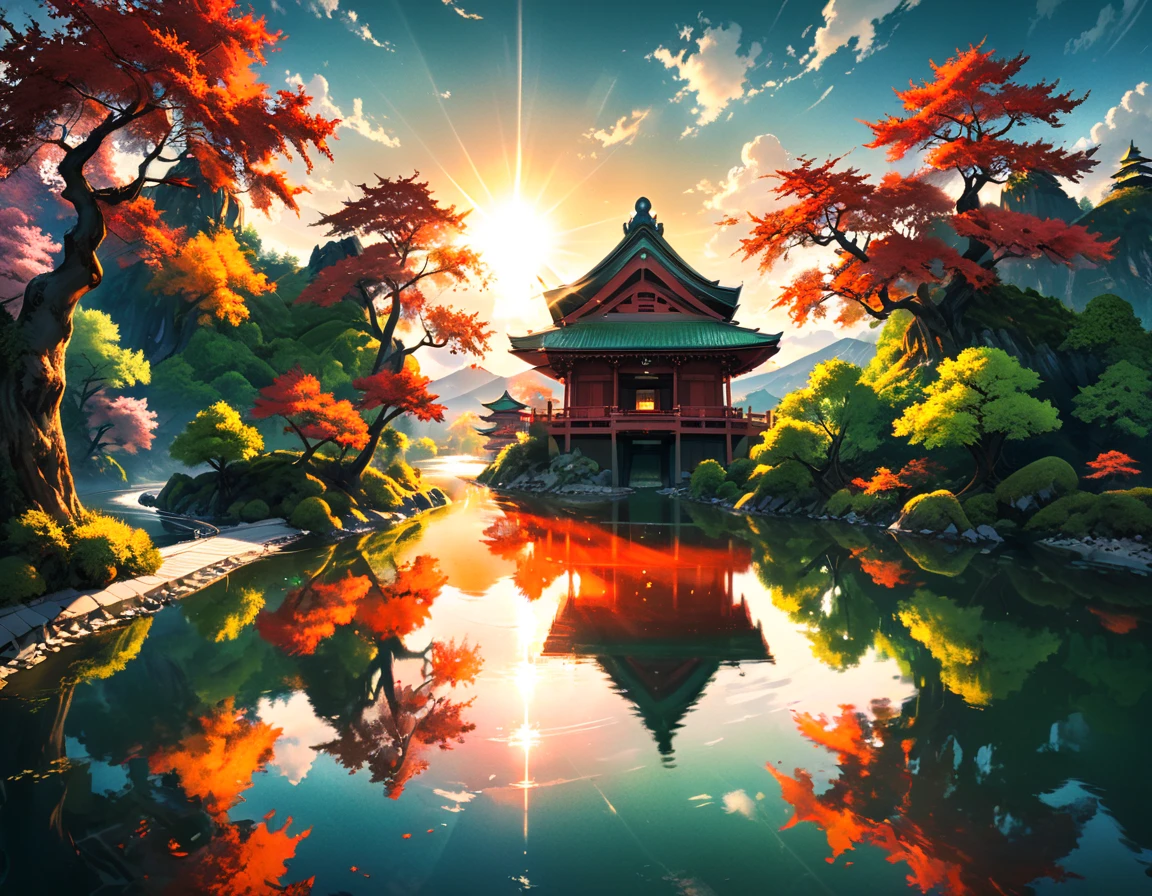 a National Geographic picture of dark Japanese medieval temple, as the sun (rises in the horizon: 1.1), it sits on the bank of a river near surrounded by cherry trees, almond trees, Japanese maple trees, (all trees in many colorful shades of green, red, pin, orange: 1.5) ((all scenery is reflected in the river: 1.5)), an epic ancient Japanese medieval temple, ancient and epic in its majestic antiquity, a sense of serenity, tranquility, divine rays, some clouds, sun rays, (highest quality:1.2, Very detailed, up to date, Vibrant, Ultra-high resolution, High Contrast, masterpiece:1.2, highest quality, Best aesthetics), best details, best quality, highres, ultra wide angle, 16k, [ultra detailed], masterpiece, best quality, (extremely detailed: 1.5), Cinematic Hollywood Film, RagingNebula