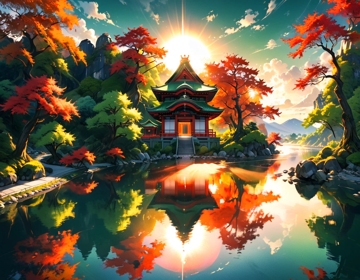 a National Geographic picture of dark Japanese medieval temple, as the sun (rises in the horizon: 1.1), it sits on the bank of a river near surrounded by cherry trees, almond trees, Japanese maple trees, (all trees in many colorful shades of green, red, pin, orange: 1.5) ((all scenery is reflected in the river: 1.5)), an epic ancient Japanese medieval temple, ancient and epic in its majestic antiquity, a sense of serenity, tranquility, divine rays, some clouds, sun rays, (highest quality:1.2, Very detailed, up to date, Vibrant, Ultra-high resolution, High Contrast, masterpiece:1.2, highest quality, Best aesthetics), best details, best quality, highres, ultra wide angle, 16k, [ultra detailed], masterpiece, best quality, (extremely detailed: 1.5), Cinematic Hollywood Film, RagingNebula