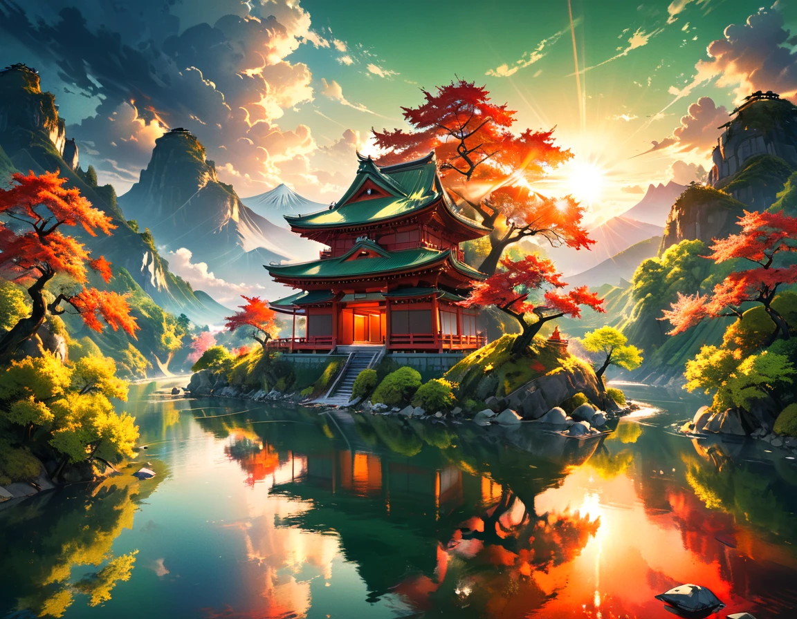 a National Geographic picture of dark Japanese medieval temple, as the sun (rises in the horizon: 1.1), it sits on the bank of a river near surrounded by cherry trees, almond trees, Japanese maple trees, (all trees in many colorful shades of green, red, pin, orange: 1.5) ((all scenery is reflected in the river: 1.5)), an epic ancient Japanese medieval temple, ancient and epic in its majestic antiquity, a sense of serenity, tranquility, divine rays, some clouds, sun rays, (highest quality:1.2, Very detailed, up to date, Vibrant, Ultra-high resolution, High Contrast, masterpiece:1.2, highest quality, Best aesthetics), best details, best quality, highres, ultra wide angle, 16k, [ultra detailed], masterpiece, best quality, (extremely detailed: 1.5), Cinematic Hollywood Film, RagingNebula