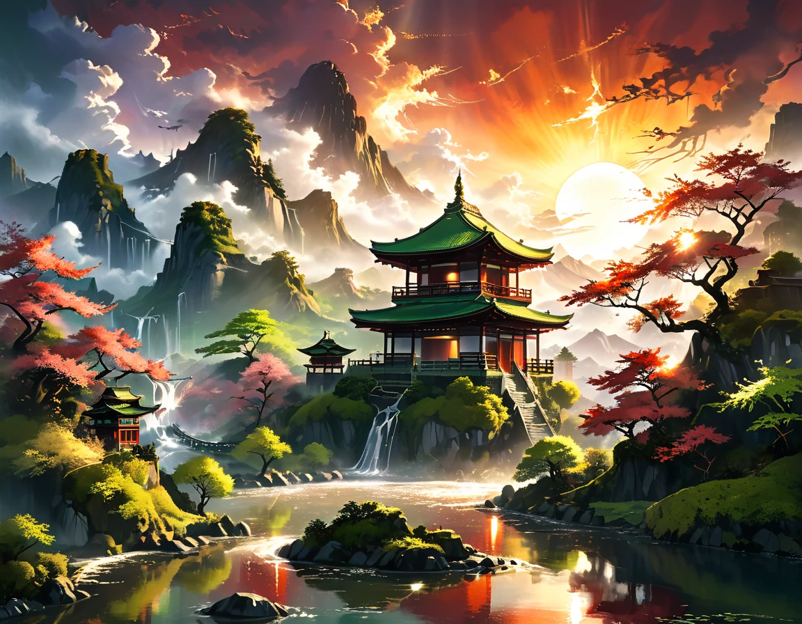 a National Geographic picture of dark Japanese medieval temple, as the sun (rises in the horizon: 1.1), it sits on the bank of a river near surrounded by cherry trees, almond trees, Japanese maple trees, (all trees in many colorful shades of green, red, pin, orange: 1.5) ((all scenery is reflected in the river: 1.5)), an epic ancient Japanese medieval temple, ancient and epic in its majestic antiquity, a sense of serenity, tranquility, divine rays, some clouds, sun rays, (highest quality:1.2, Very detailed, up to date, Vibrant, Ultra-high resolution, High Contrast, masterpiece:1.2, highest quality, Best aesthetics), best details, best quality, highres, ultra wide angle, 16k, [ultra detailed], masterpiece, best quality, (extremely detailed: 1.5), Cinematic Hollywood Film, RagingNebula