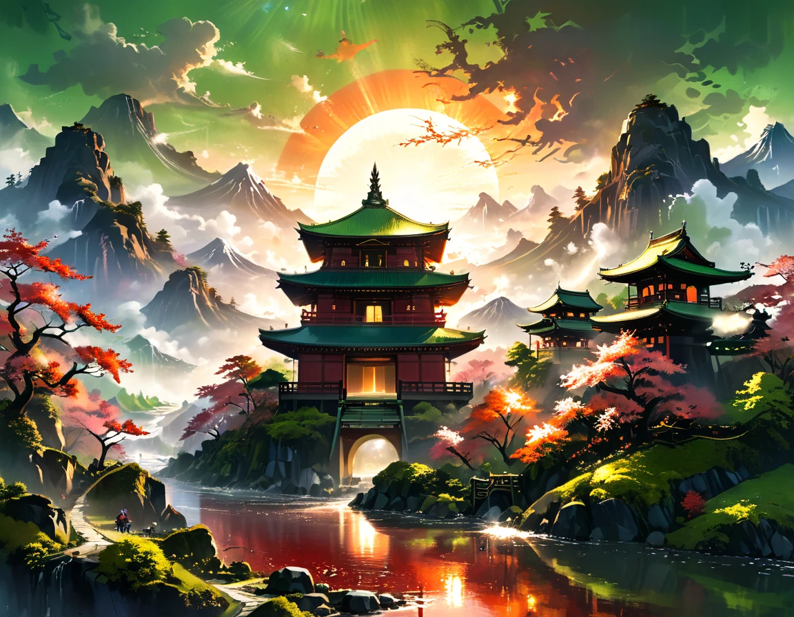 a National Geographic picture of dark Japanese medieval temple, as the sun (rises in the horizon: 1.1), it sits on the bank of a river near surrounded by cherry trees, almond trees, Japanese maple trees, (all trees in many colorful shades of green, red, pin, orange: 1.5) ((all scenery is reflected in the river: 1.5)), an epic ancient Japanese medieval temple, ancient and epic in its majestic antiquity, a sense of serenity, tranquility, divine rays, some clouds, sun rays, (highest quality:1.2, Very detailed, up to date, Vibrant, Ultra-high resolution, High Contrast, masterpiece:1.2, highest quality, Best aesthetics), best details, best quality, highres, ultra wide angle, 16k, [ultra detailed], masterpiece, best quality, (extremely detailed: 1.5), Cinematic Hollywood Film, RagingNebula